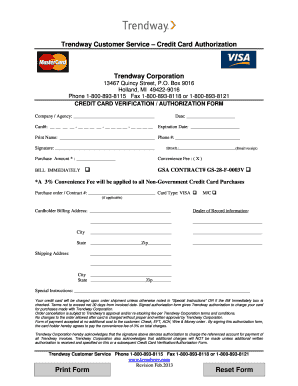 Trendway Credit Card Authorization Form