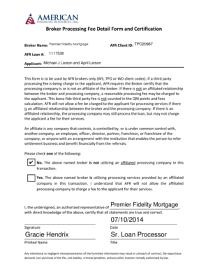 Broker Processing Fee Detail Form and Certification