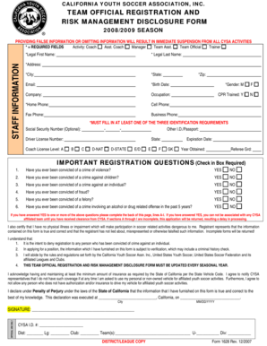 California Youth Soccer Team Official Registration Form