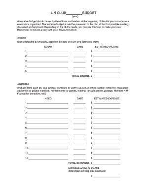 Montana 4-H Club Budget Form