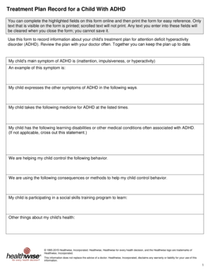 ADHD Treatment Plan Record for Child