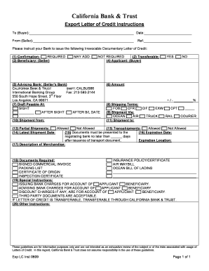 California Bank & Trust Export Letter of Credit Instructions