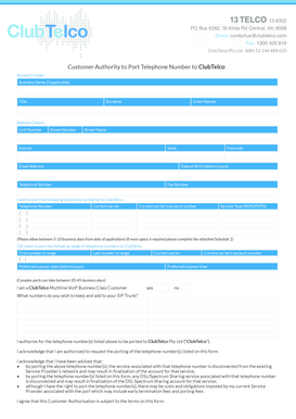 Customer Authority to Port Telephone Number to ClubTelco