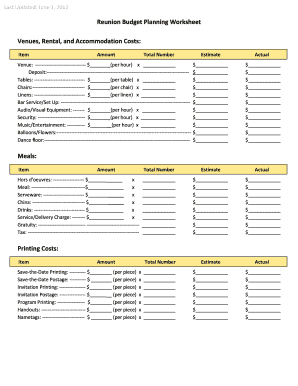 Reunion Budget Planning Worksheet