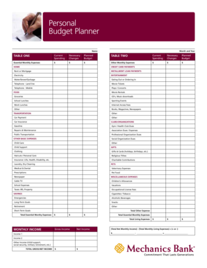 Personal Budget Planner Worksheet PDF - Mechanics Bank