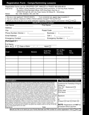 Registration Form - Camps/Swimming Lessons