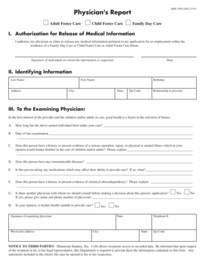Physician's Report for Foster Care Application