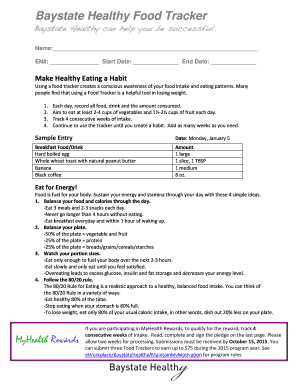 Baystate Healthy Food Tracker Form