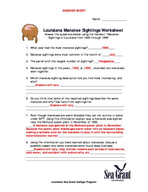 Louisiana Manatee Sightings Worksheet