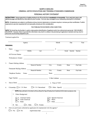 North Carolina Criminal Justice Personal History Statement