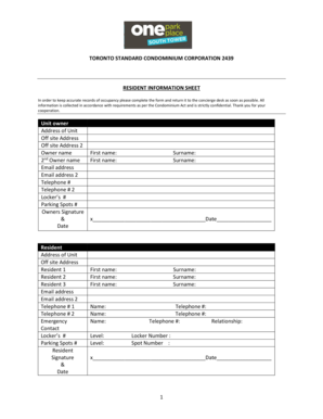Toronto Condominium Resident Information Sheet
