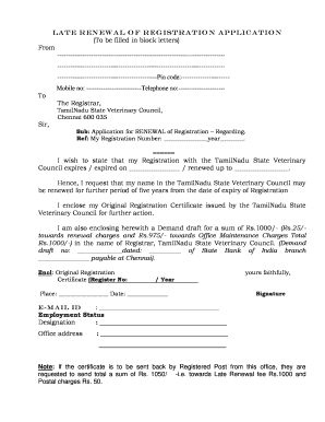 TamilNadu State Veterinary Council Registration Renewal Application