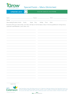 South Dakota 4-H Food Menu Worksheet