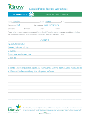 Special Foods Recipe Worksheet