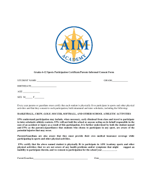 Grades 6-12 Sports Participation Certificate