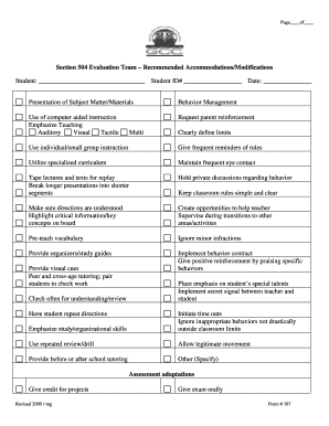 Section 504 Evaluation Team Recommended Accommodations