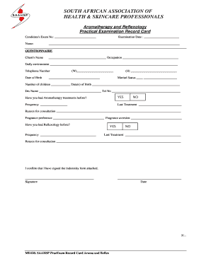 SAAHSP Aromatherapy and Reflexology Practical Examination Record Card