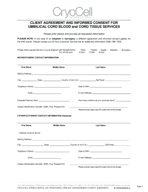 Client Agreement and Informed Consent for Umbilical Cord Blood and Cord Tissue Services