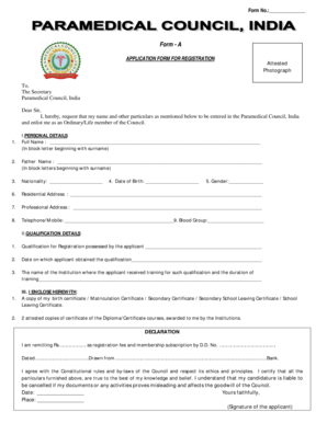 Application Form for Paramedical Council Registration
