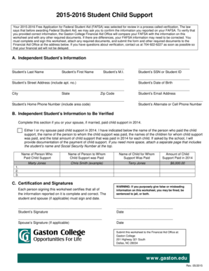 2015-2016 Student Child Support Verification Worksheet