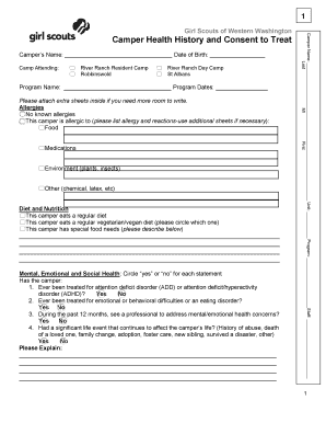 Girl Scouts Camper Health History and Consent Form