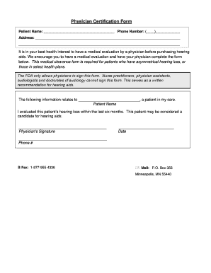 Physician Certification Form for Hearing Aids