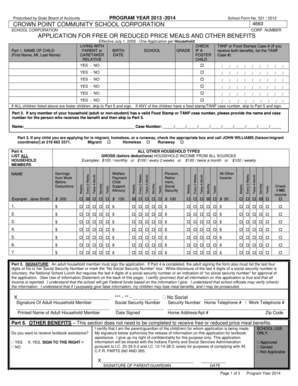 School Form 521 - Application for Free or Reduced Price Meals