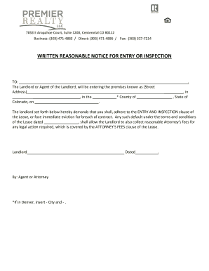 Colorado Written Reasonable Notice for Entry or Inspection