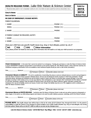 Lake Erie Nature Science Center Health Release Form