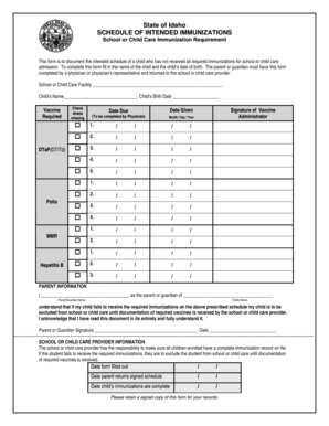 Idaho School Immunization Schedule Form