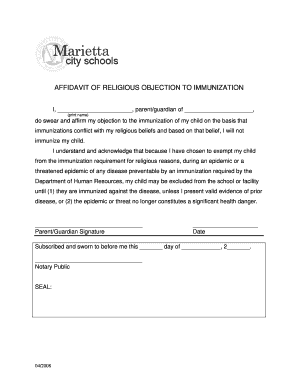 Affidavit of Religious Objection to Immunization