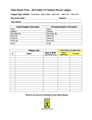 2015 Adult 7v7 Outdoor Soccer League Team Roster Form