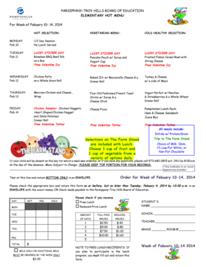 Parsippany-Troy Hills Elementary Hot Menu Order Form