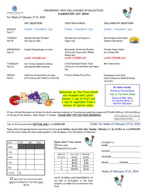 Parsippany-Troy Hills School Lunch Order Form