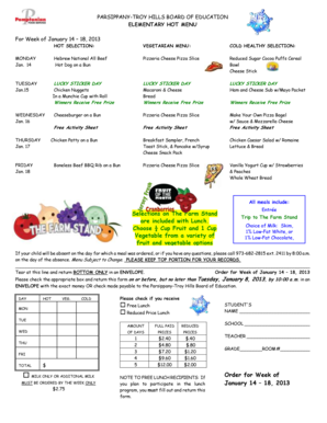 Parsippany-Troy Hills School Lunch Order Form