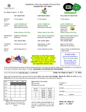 Parsippany-Troy Hills Elementary Hot Menu Order Form
