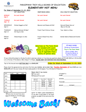 Parsippany-Troy Hills School Lunch Order Form