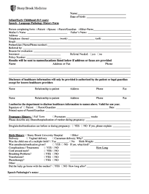 Infant Early Childhood Speech Language Pathology History Form