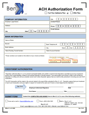 ACH Authorization Form for Cafeteria Plan or HRA