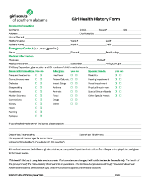 Girl Health History Form