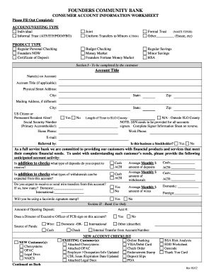 Founders Community Bank Consumer Account Information Worksheet