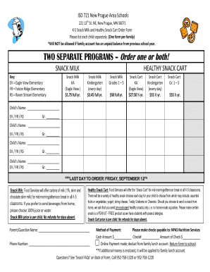 K-5 Snack Milk and Healthy Snack Cart Order Form