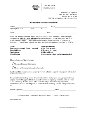 FERPA Directory Information Restriction Form