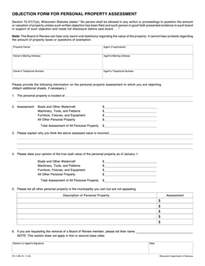 Wisconsin Objection Form for Personal Property Assessment