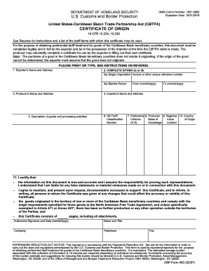 US Caribbean Basin Trade Partnership Act Certificate of Origin