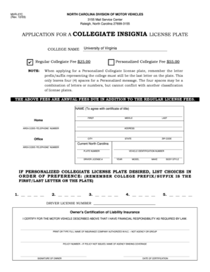 North Carolina Collegiate Insignia License Plate Application