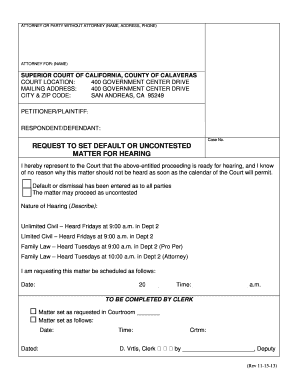 Request to Set Default or Uncontested Matter for Hearing