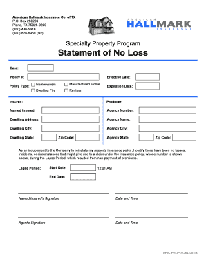 Statement of No Loss for Property Insurance