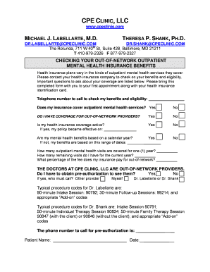 Out-of-Network Mental Health Insurance Benefits Check Form