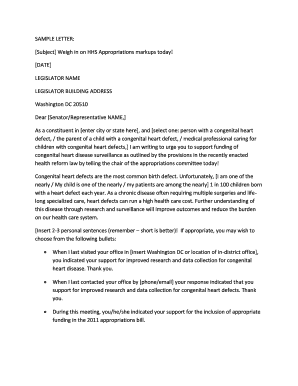 Letter to Legislator on Congenital Heart Disease Funding